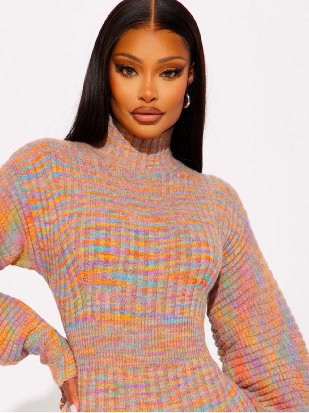 Fashion Nova Multicolor Pastel Ribbed Turtleneck Sweater Dress